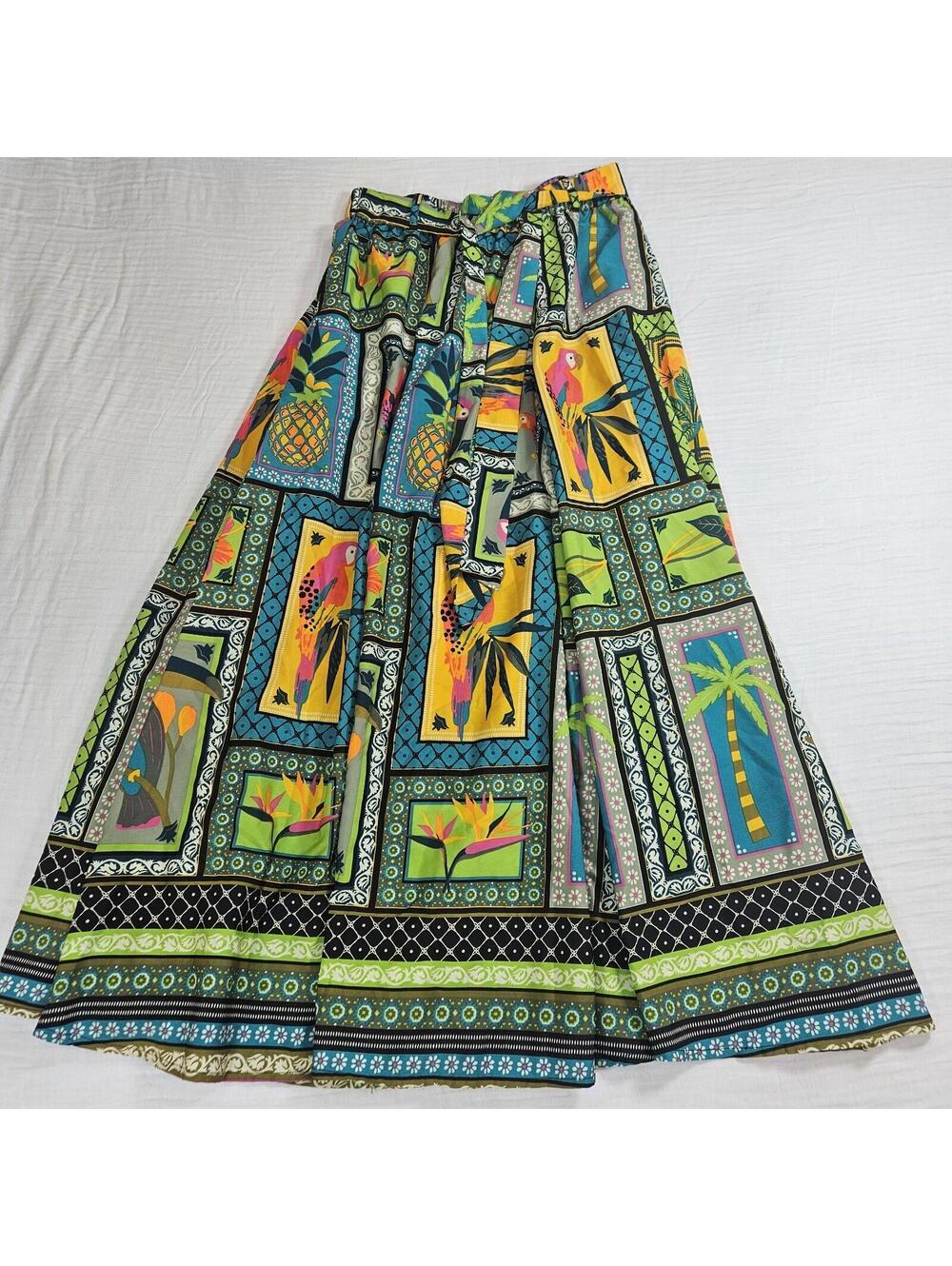 Cato Tropical Bird Print Full A-Line Maxi Skirt Size Small Pockets Resort Beach